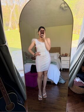 Windsor One-Shoulder Feather Trim Sequin Mini Dress